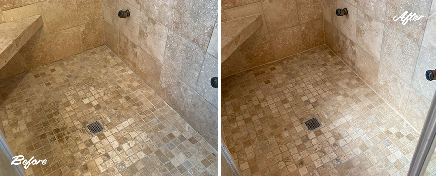 Before and After Our Travertine Bathroom and Shower Grout Sealing in Brentwood, TN