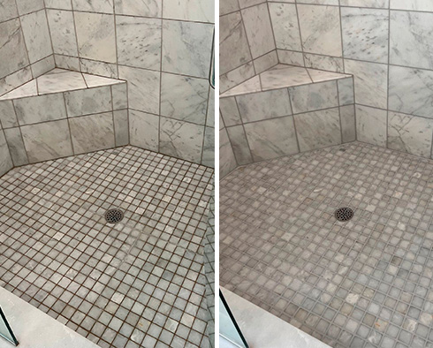 Marble Shower Before and After Our Grout Cleaning in Belle Meade, TN