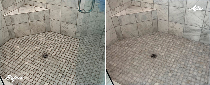 Marble Shower Before and After Our Grout Cleaning in Belle Meade, TN