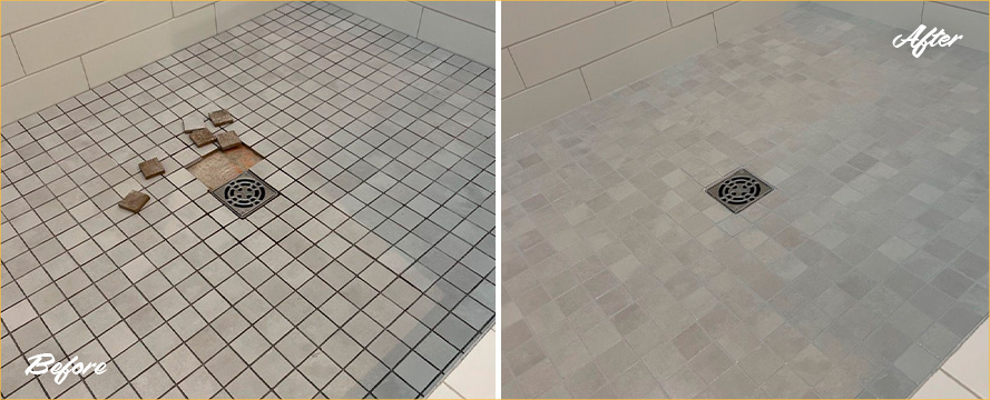 Shower Floor Before and After Getting Our Hard Surface Restoration Services in Nashville