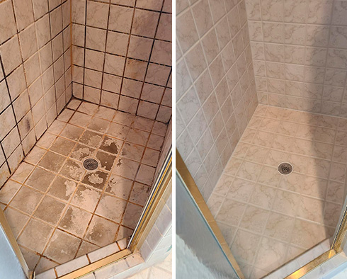 Tile Shower Before and After a Grout Cleaning in Spring Hill