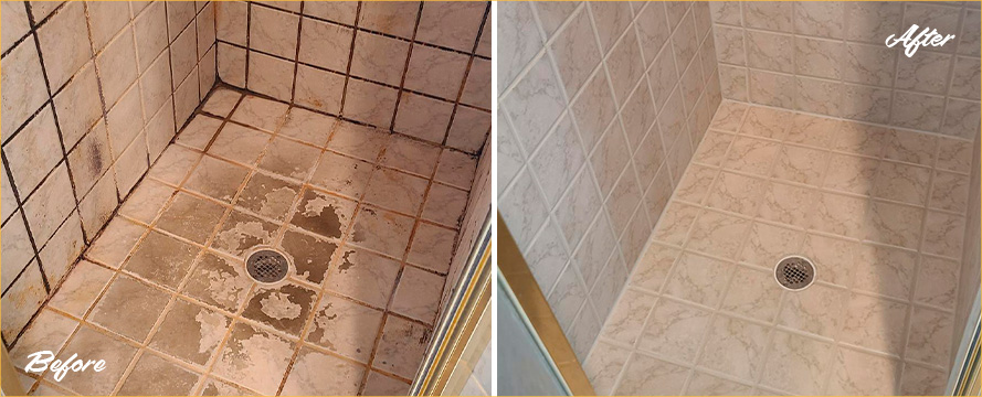 Tile Shower Before and After a Grout Cleaning in Spring Hill