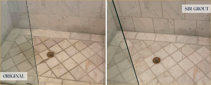 Marble Shower Before and After a Grout Sealing in Green Hills