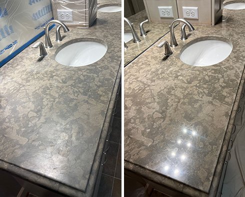 Limestone Vanity Before and After a Stone Polishing in Brentwood