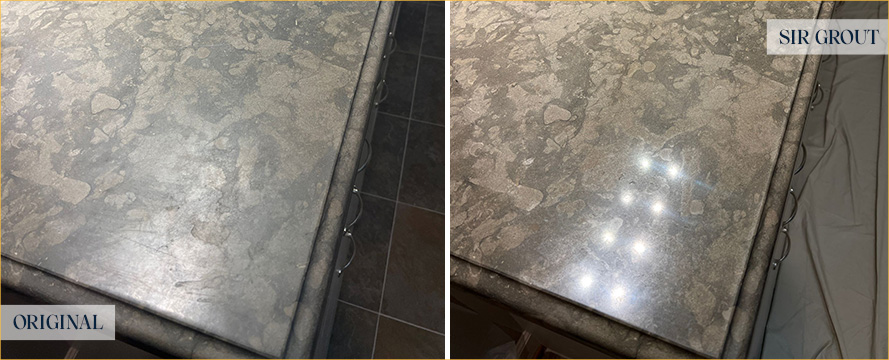 Limestone Vanity Before and After a Stone Polishing in Brentwood