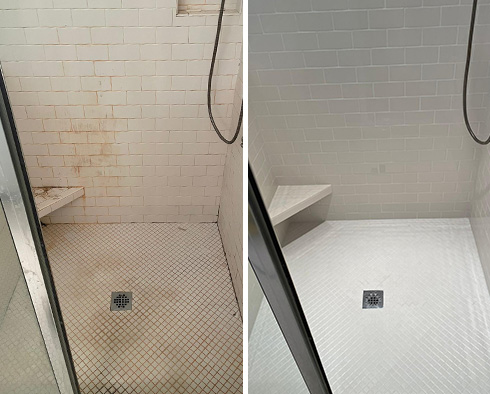 Shower Stall Before and After a Service from Our Tile and Grout Cleaners in Mount Juliet