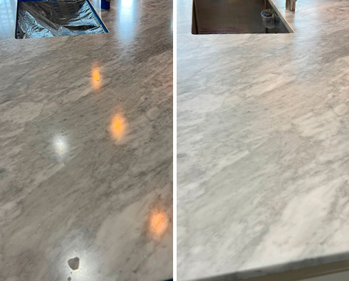 Kitchen Island Before and After a Stone Honing in Bellevue, TN