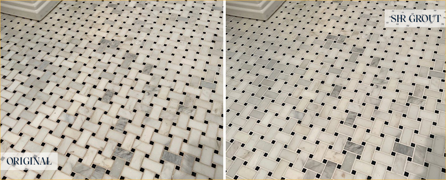 Marble Bathroom Floor Before and After Our Franklin Grout Sealing Service