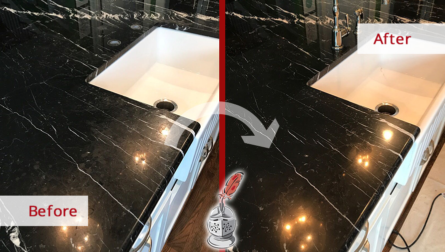 Before and After Picture of a Black Marble Countertop Stone Honing Service in Franklin, Tennessee