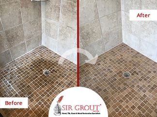 Before and After Picture of a Grout Cleaning and Sealing Service in Hendersonville, TN