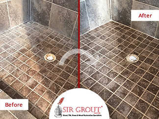 Before and After Picture of a Tumbled Marble Shower Floor Caulking Service in Columbia, Tennessee