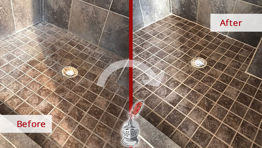 Before and After Picture of a Tumbled Marble Shower Floor Caulking Service in Columbia, TN