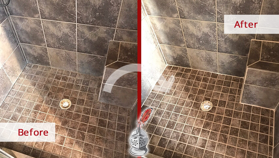 Before and After Picture of a Tumbled Marble Shower Floor Caulking Service in Columbia, Tennessee