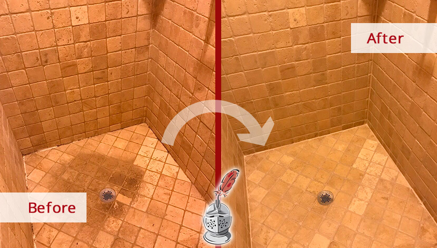 Before and After Picture of a Marble Shower Floor Stone Cleaning Experts in Franklin, TN