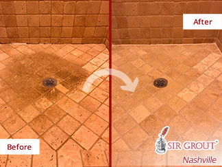 Before and After Picture of a Marble Shower Floor Stone Cleaning Experts in Franklin, Tennessee