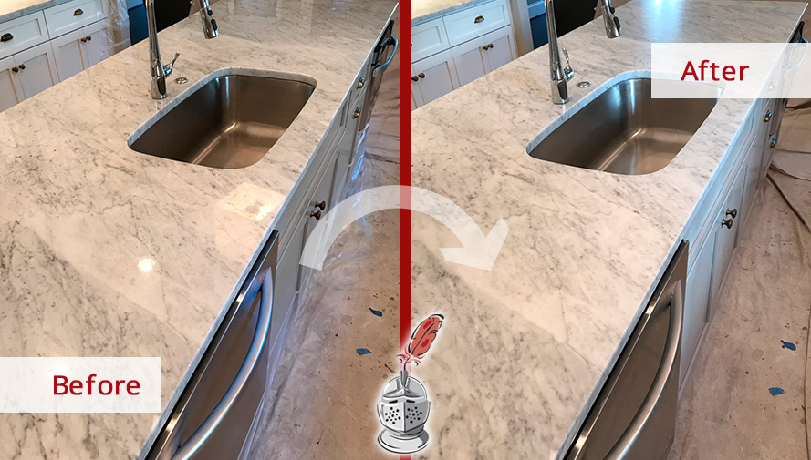 Before and After Picture of a White Carrara Marble Countertop Stone Honing Service in Nashville, TN