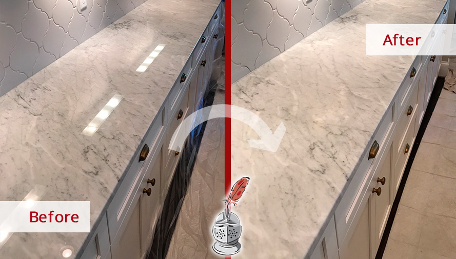 Before and After Picture of a White Carrara Marble Countertop Stone Honing Service in Nashville, Tennessee