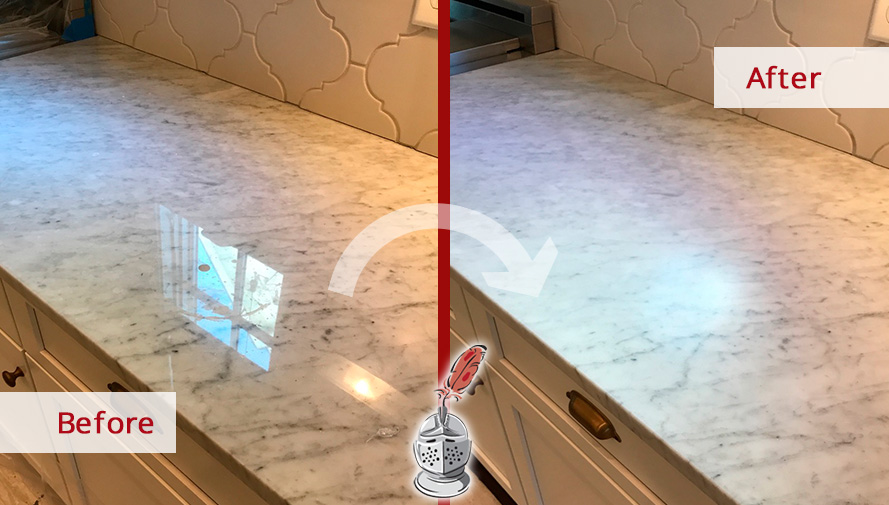 Before and After Picture of a White Carrara Marble Countertop Stone Honing in Nashville, Tennessee