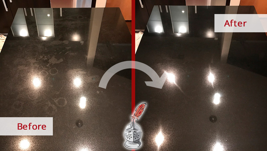 Before and After Picture of a Black Granite Countertop Stone Polishing in Nashville, TN