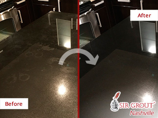 Before and After Picture of a Black Granite Countertop Stone Polishing in Nashville, Tennessee