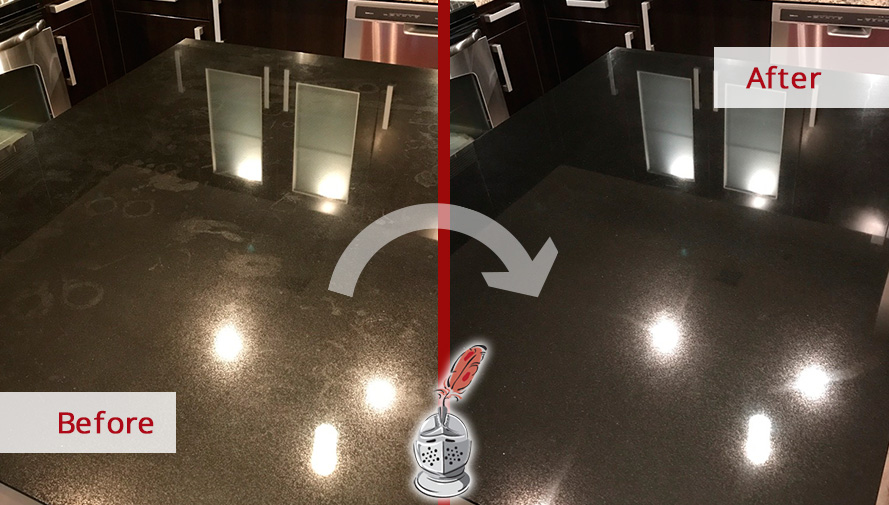 Before and After Picture of a Black Granite Countertop Stone Polishing in Nashville, Tennessee