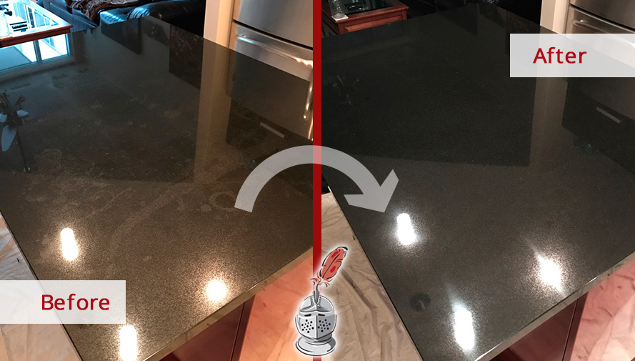 Before and After of a Black Granite Countertop Stone Polishing in Nashville, Tennessee