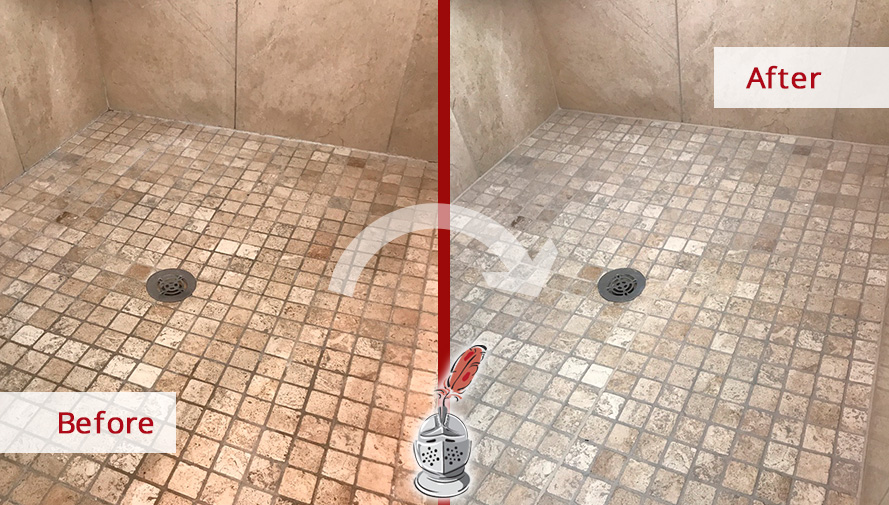 Before and After Picture of a Marble Shower Floor Stone Cleaning Service in Brentwood, Tennessee