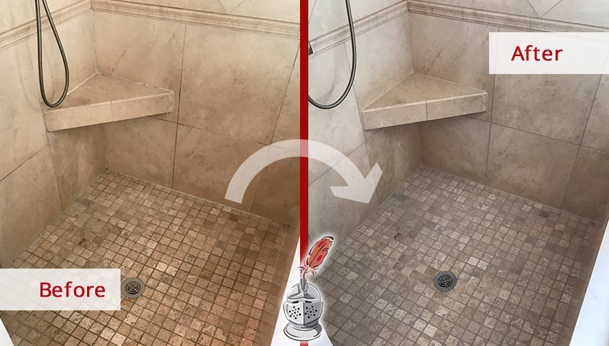 Before and After Picture of a Marble Shower Floor Stone Cleaning in Brentwood, Tennessee