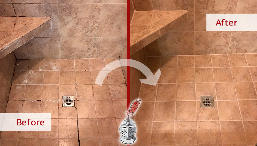 Before and After Picture of a Ceramic Tile Shower Floor Caulking Services in Murfreesboro, Tennessee