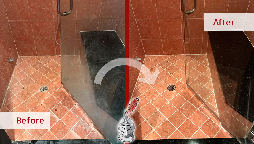 Before and After Picture of a Marble Shower Glass Door Grout Cleaning Service in Belle Meade, Tennessee