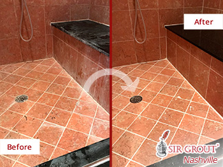Before and After Picture of a Marble Shower Grout Cleaning Service in Belle Meade, Tennessee