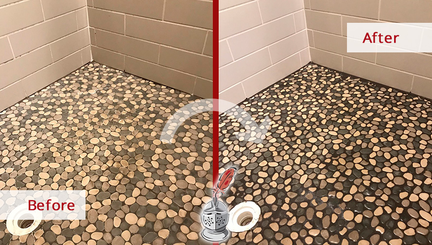 Before and After Picture of a Shower's Pebble Floor Stone Cleaning in Nashville, Tennessee