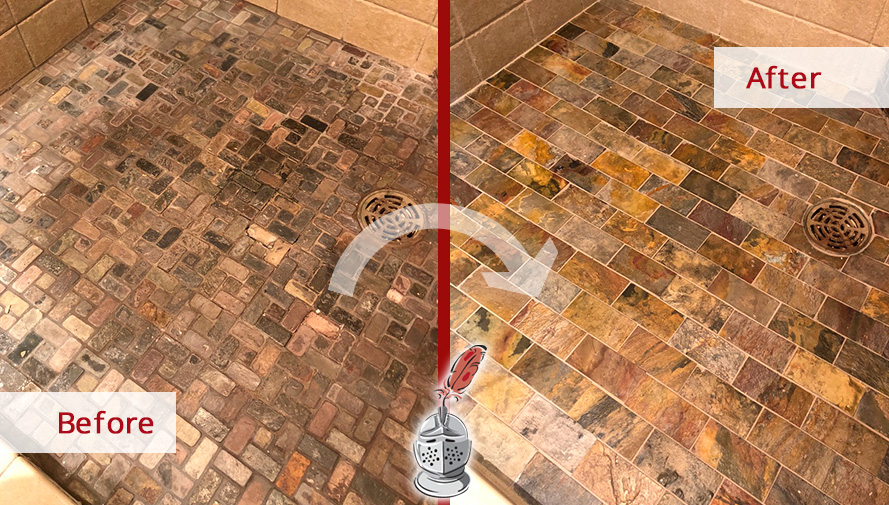 Before and After Picture of a Slate Shower Floor Hard Surface Restoration Service in Green Hills, TN