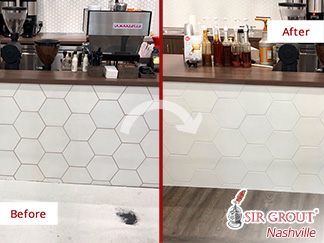 Before and After Picture of a Tile Coffee Shop Grout Recoloring Service in Franklin, Tennessee