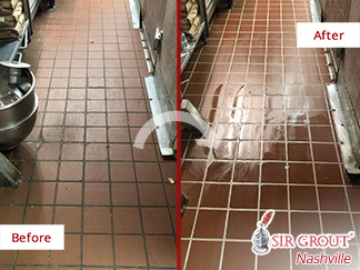 Before and After Picture of a Commercial Kitchen Floor Grout Recoloring Service in Franklin, TN