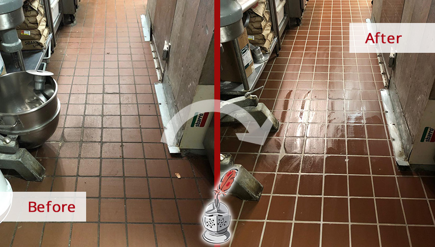 Before and After Picture of a Commercial Kitchen Floor Grout Recoloring Service in Franklin, TN