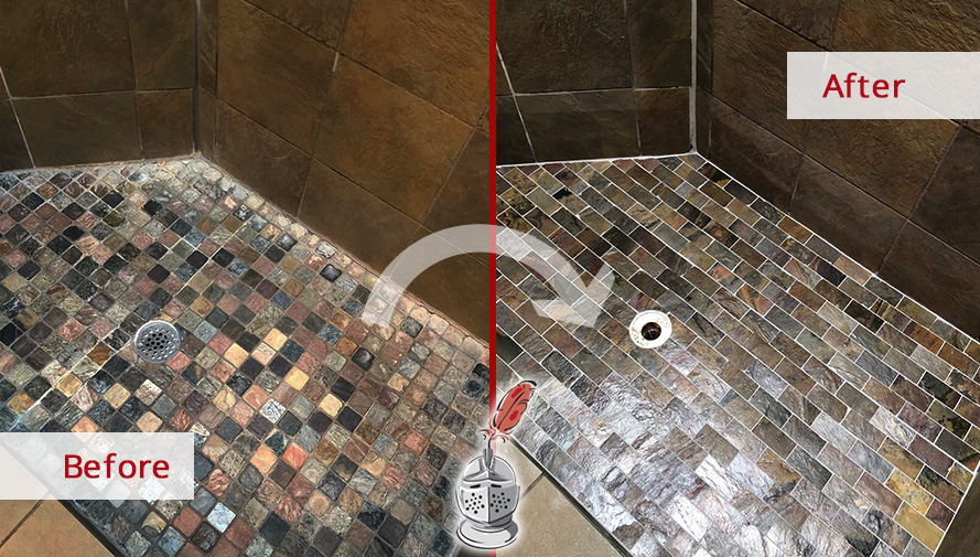 Before and after Picture of This Shower after Our Hard Surface Restoration Services in Nashville, TN