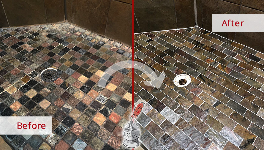 Before and after Picture of This Stone Shower in Nashville, TN after Our Hard Surface Restoration Services