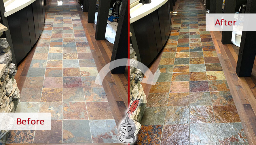 Image of a Hallway Slate Floor Before and After A Stone Cleaning Service in Belle Meade, TN