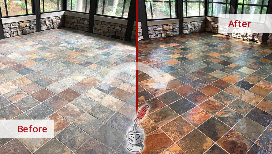 Image of a Sunroom Slate Floor Before and After A Stone Cleaning Service in Belle Meade, TN