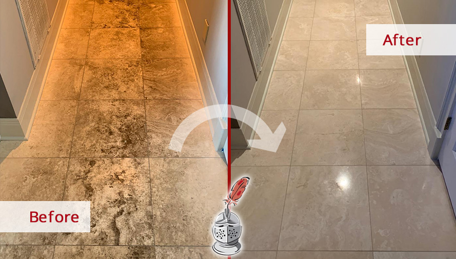 Image of a Travertine Floor Before and After a Stone Cleaning Job in Hendersonville, TN