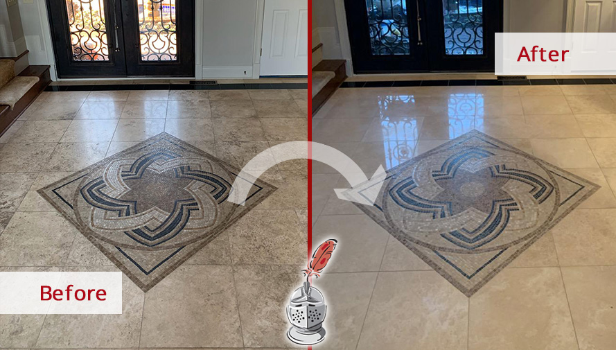 Before and After Picture of a Travertine Floor Stone Cleaning in Hendersonville, TN