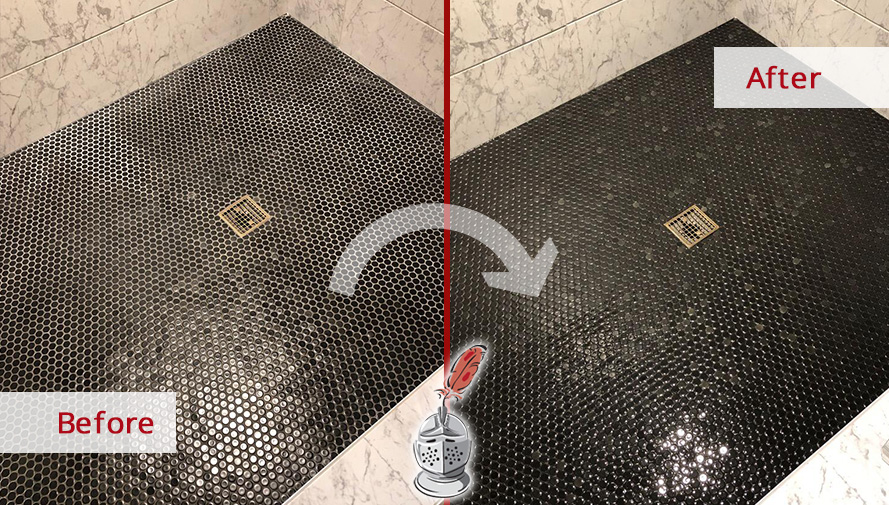 Picture of a Black Shower Floor Before and After a Tile Sealing Service in Nashville, TN