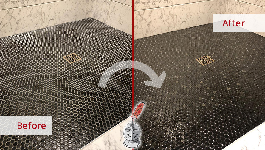 Before and After Picture of a Black Shower Floor Tile Sealing Service in Nashville, TN