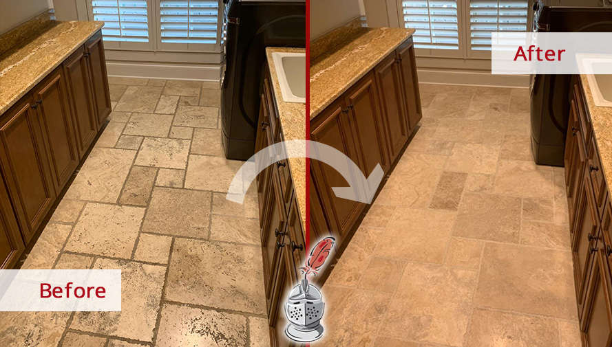 Travertine Floor Before and After a Grout Sealing Job in Brentwood, TN