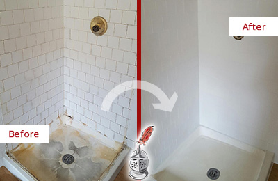 Before and After Picture of a Grimy Tile Shower Restored, Cleaned and Sealed