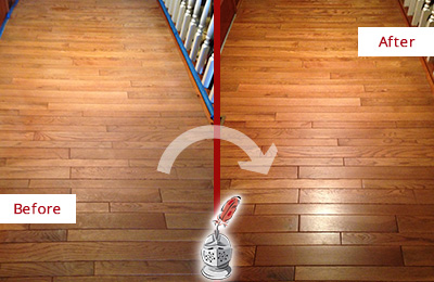 Sir Grout Refinished This Dull College Grove Hallway Floor with a Sand Free Refinishing Service Before and After Picture of a College Grove Wood Sand Free Refinishing Service on a Dull Hallway