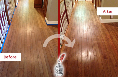 Sir Grout Refinished This Worn Out College Grove Wood Floor with a Sand Free Refinishing Service Before and After Picture of a College Grove Wood Sand Free Refinishing Service on a Worn Out Floor