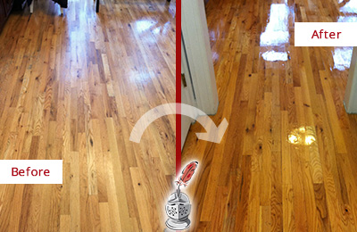 Sir Grout Refinished This Worn Out College Grove Hallway Floor with a Sand Free Refinishing Service Before and After Picture of a College Grove Wood Sand Free Refinishing Service on a Worn Out Hallway