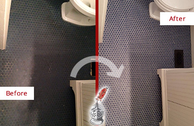 Before and After Picture of a Bathroom Floor Grout Regrouted to Even the Color